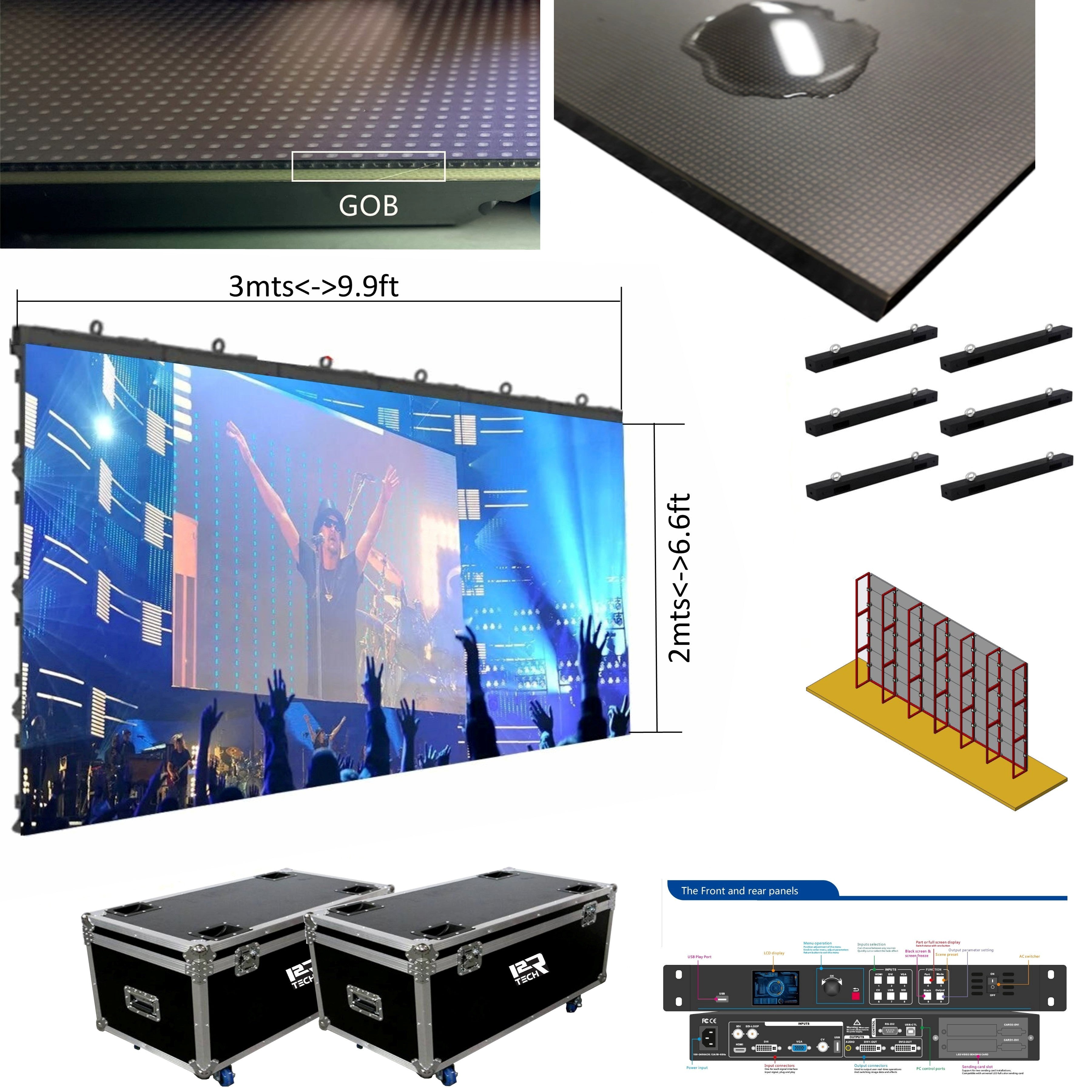 LED Screen Pack, Ultra-HD (P2.976, P3.97), indoor-outdoor 9.9 x 6. 6 Feet (3mts X 2mts) + Processor + Cases + Cables + Mounting (Copy)