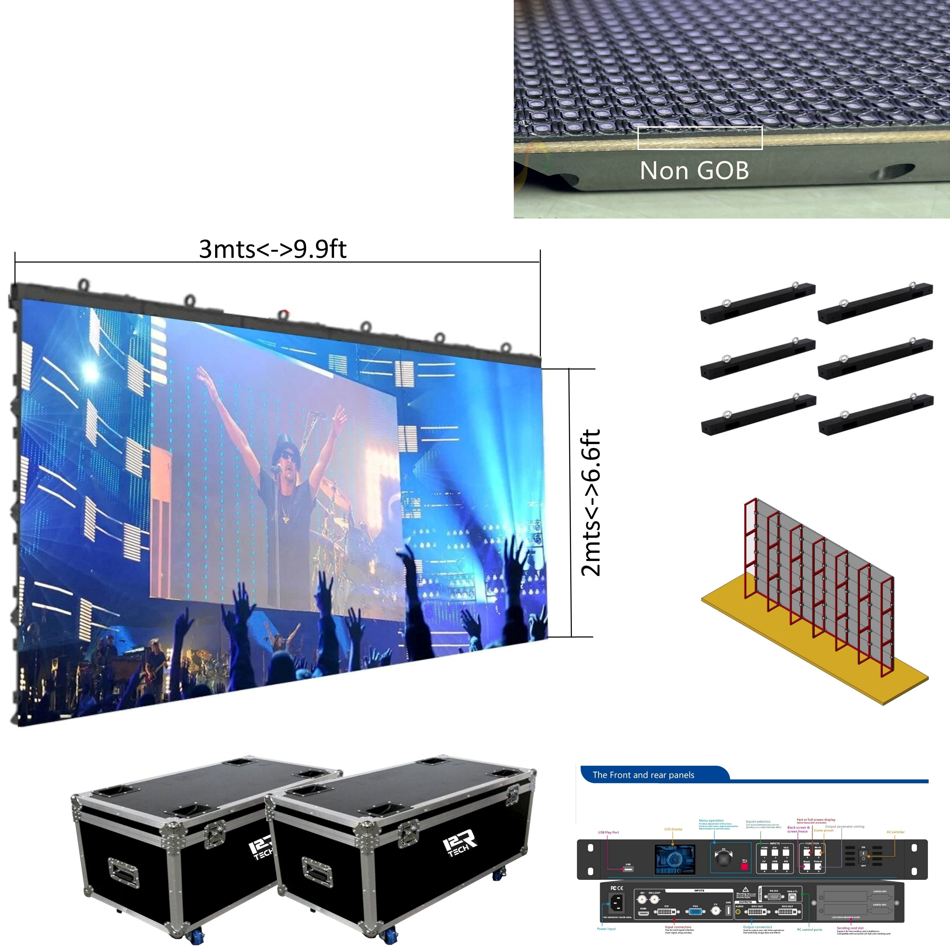 LED Screen Pack, Ultra-HD (P2.976, P3.97), indoor-outdoor 9.9 x 6. 6 Feet (3mts X 2mts) + Processor + Cases + Cables + Mounting (Copy)