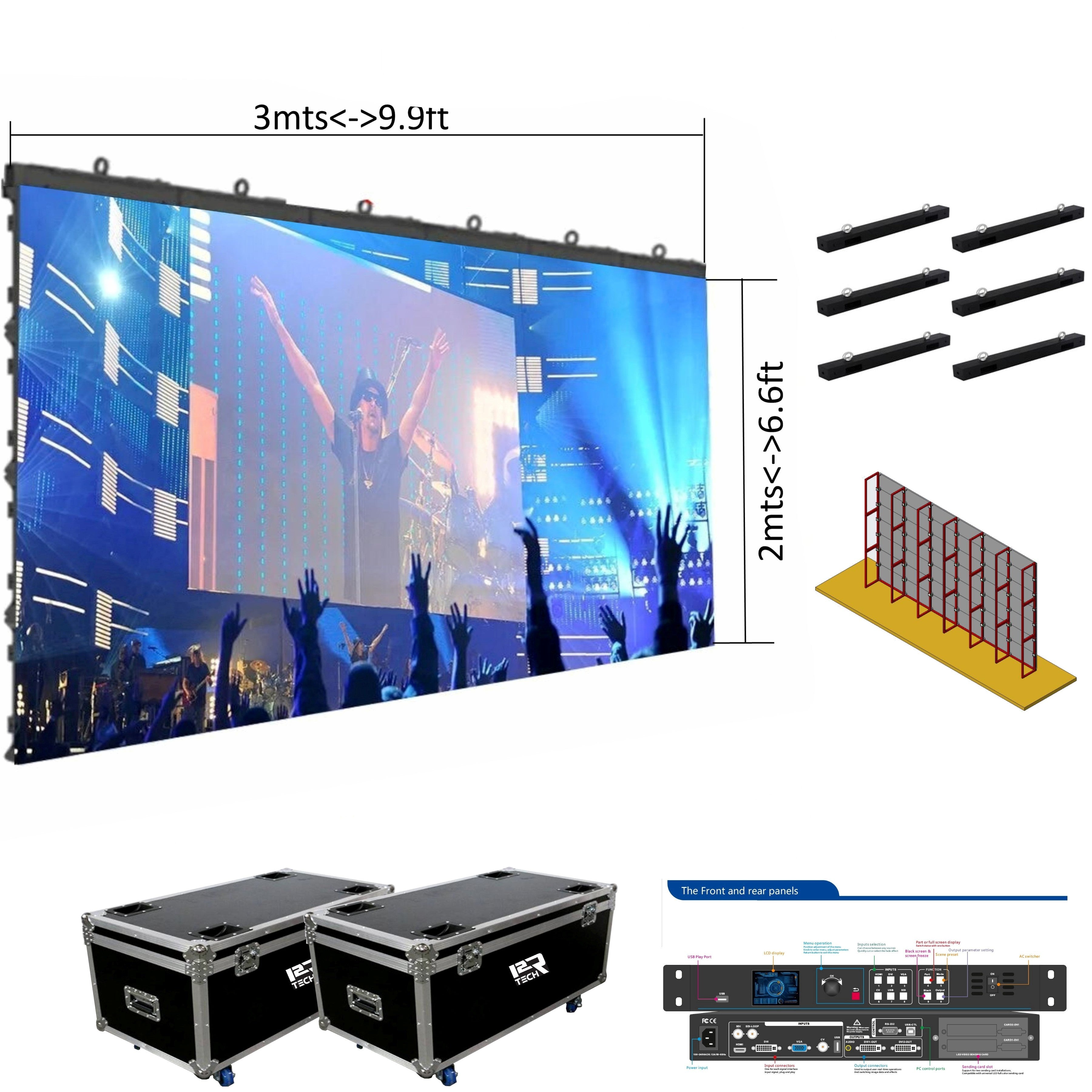 LED Screen Pack, Ultra-HD (P2.976, P3.97), indoor-outdoor 9.9 x 6. 6 Feet (3mts X 2mts) + Processor + Cases + Cables + Mounting (Copy)